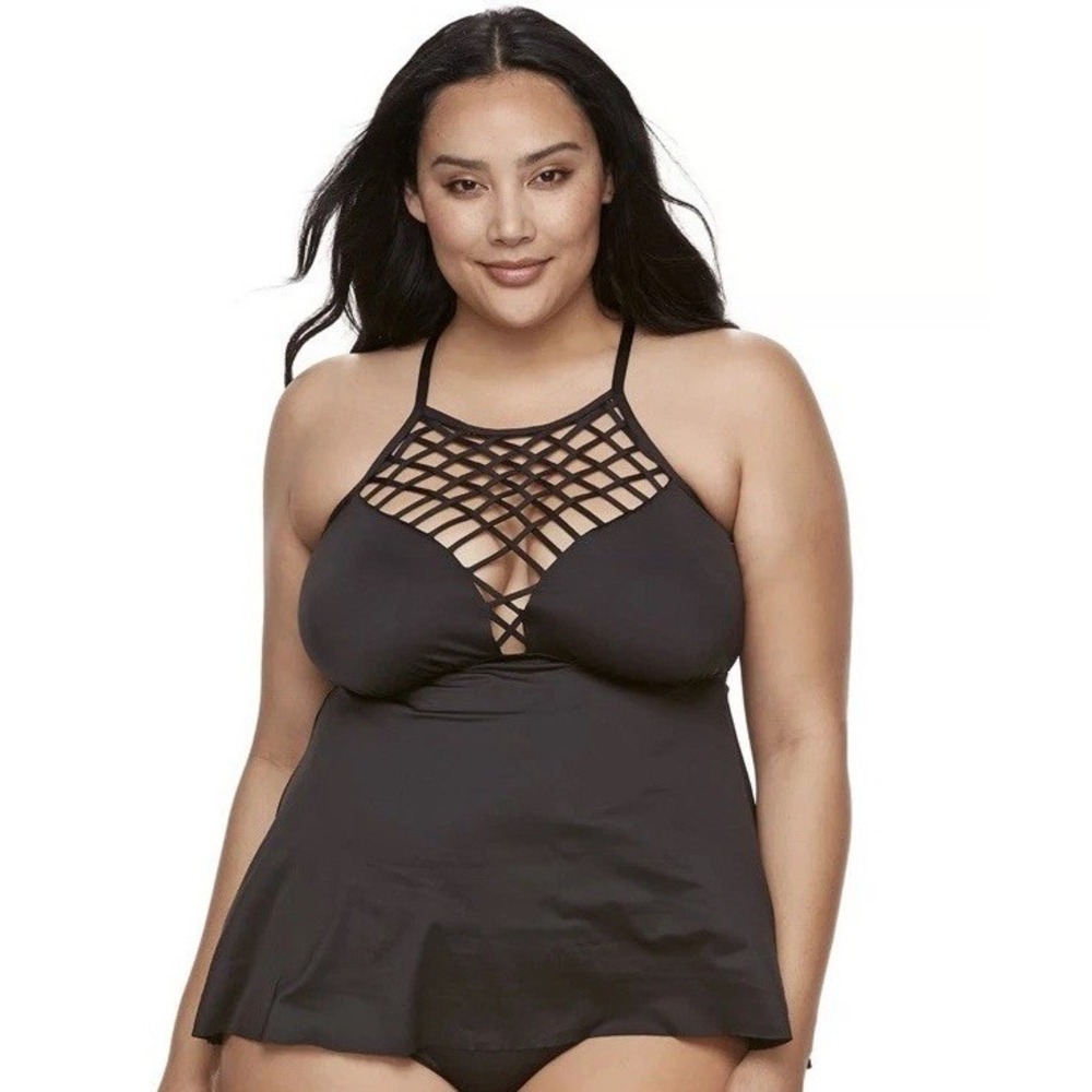 NWT Tankini Black Solid Stripe Top XXL Bottom 1X Criss Cross Summer Plus Size